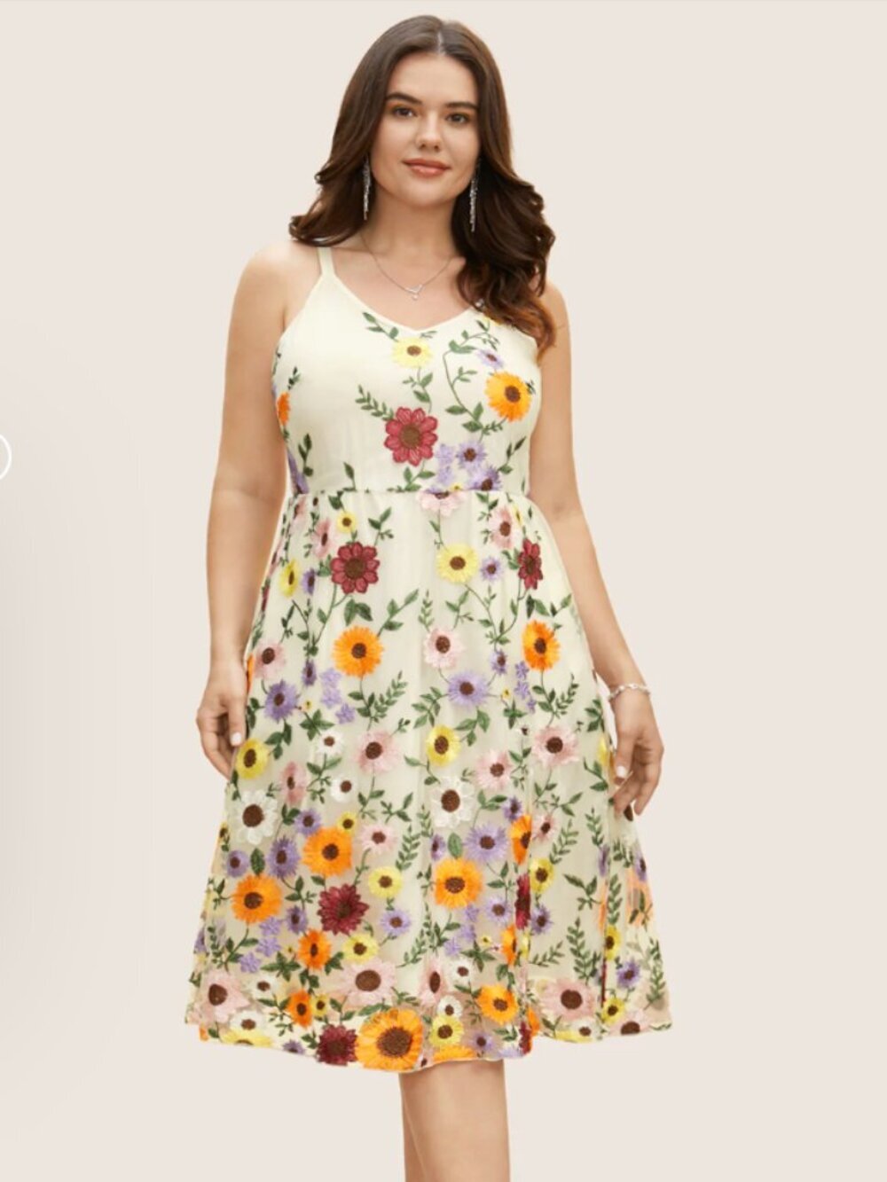 NWT Bloomchic V Neck Floral Embroidered Mesh Cami A Line Dress Ivory US 10 / M